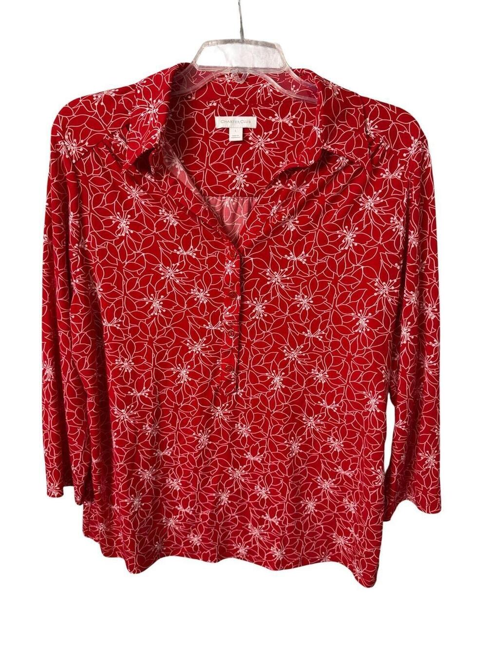 R38 Charter Club Large 24" PTP 3/4 Sleeve MSRP$35 Floral Red Top Blouse R0000038